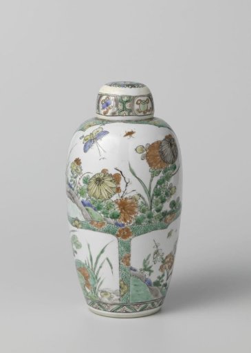 Ovoid covered jar with flowering plants in panels