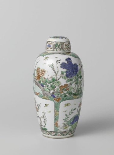 Ovoid covered jar with flowering plants in panels