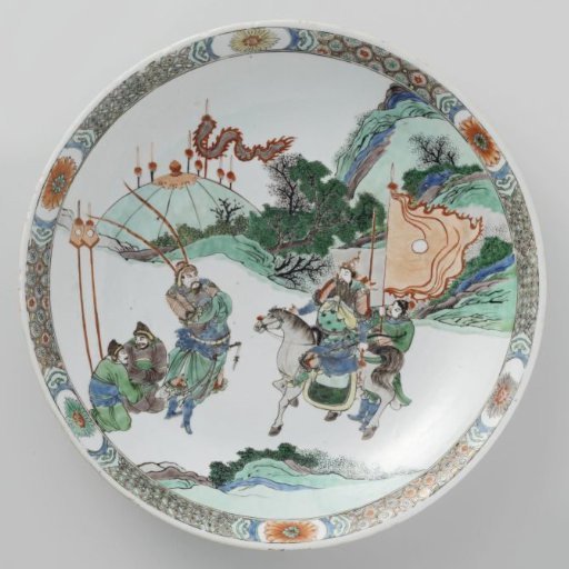 Saucer-dish with two warriors meeting in a rocky landscape