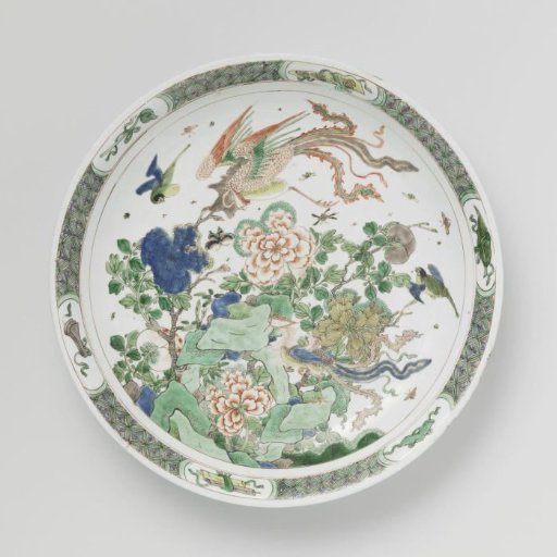 Saucer-dish with rocks, flowers and feng huangs