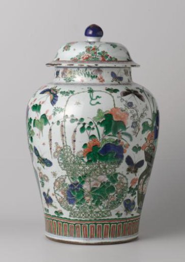 Baluster covered jar with flower baskets, flower sprays and insects