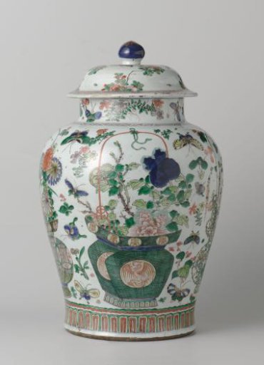 Baluster covered jar with flower baskets, flower sprays and insects
