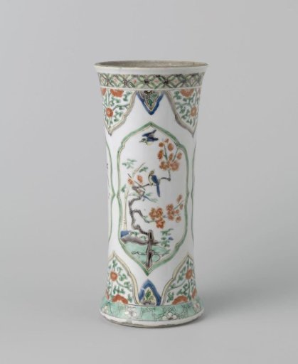 Beaker vase with birds, flowering plants, floral scrolls and antiquities in panels