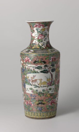 Vase with deer in a landscape, flower sprays and butterflies