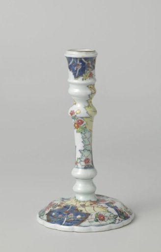 Candlestick with large leaves, flower sprays and birds