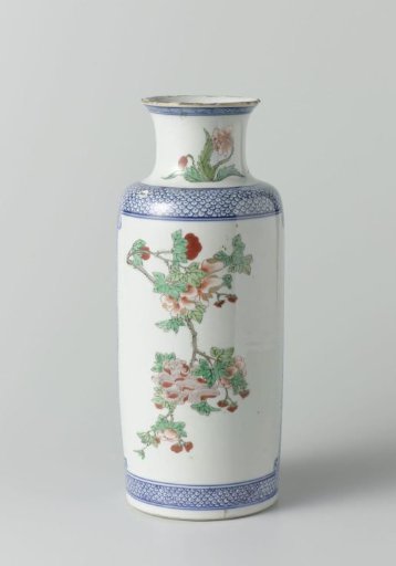 Cylindrical vase with peony and lotus in a cartouche on diaper pattern