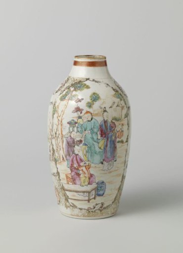Ovoid vase with floral scrolls and figural scenes in panels