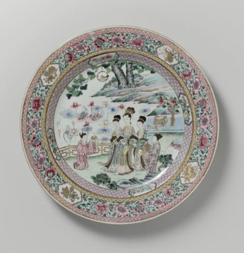 Dish with women in a fenced garden near a lotus pond