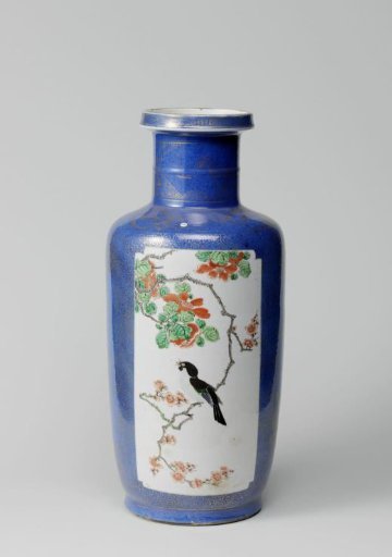 Cylindrical, shoulderd vase with powder bleu and panels in reserve with flower sprays and birds