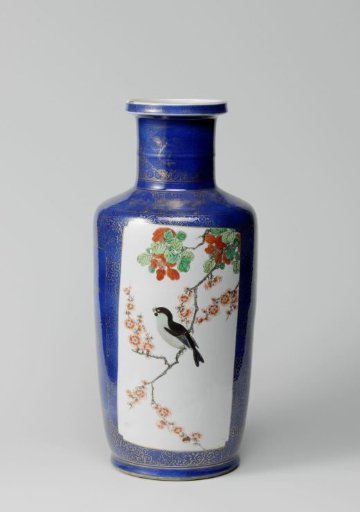 Cylindrical, shoulderd vase with powder bleu and panels in reserve with flower sprays and birds