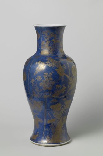 Baluster vase with powder blue and flowering plants and animals in panel decoration