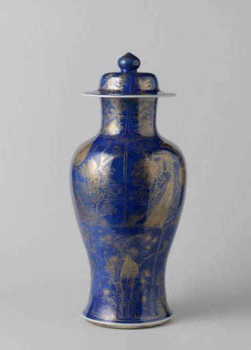 Covered vase with powder blue flowering plants in panels
