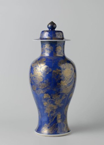 Covered vase with powder blue flowering plants in panels