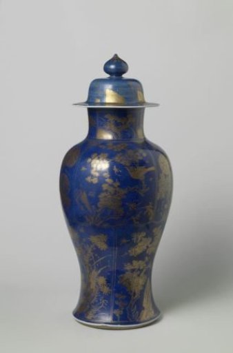 Baluster covered jar with powder blue and flowering plants and animals in panel decoration