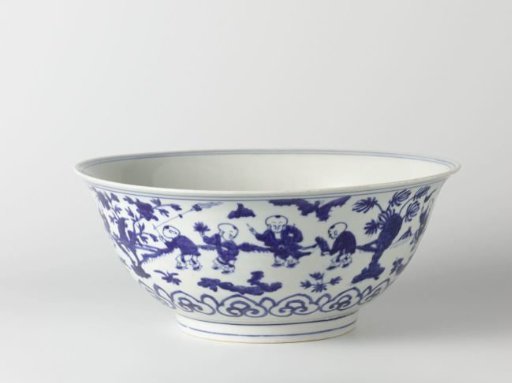 Bell-shaped bowl with playing boys in a landscape