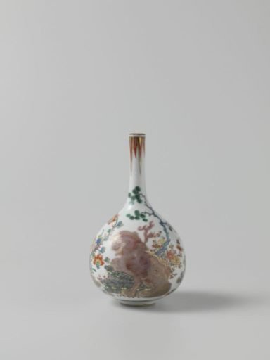 Bottle vase with three shishi, flowering plants and brushwood fences