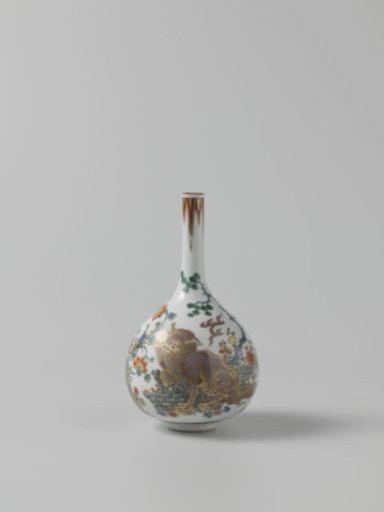 Bottle vase with three shishi, flowering plants and brushwood fences