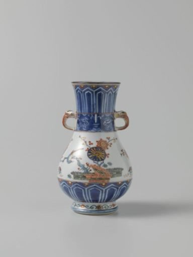 Pear-shaped vase with ornamental borders, flowering plants, brushwood fences and birds