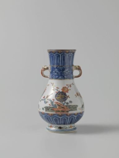 Pear-shaped vase with ornamental borders, flowering plants, brushwood fences and birds