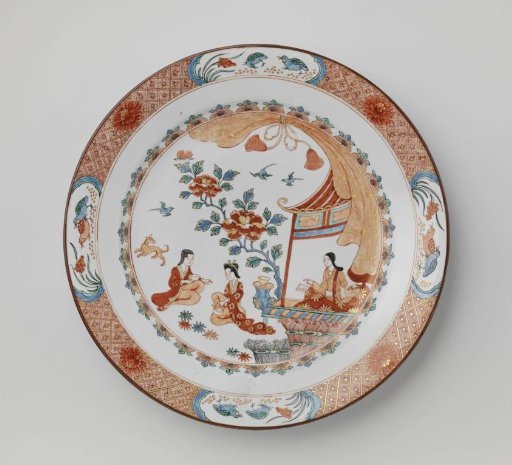 Dish with three women near a pavilion