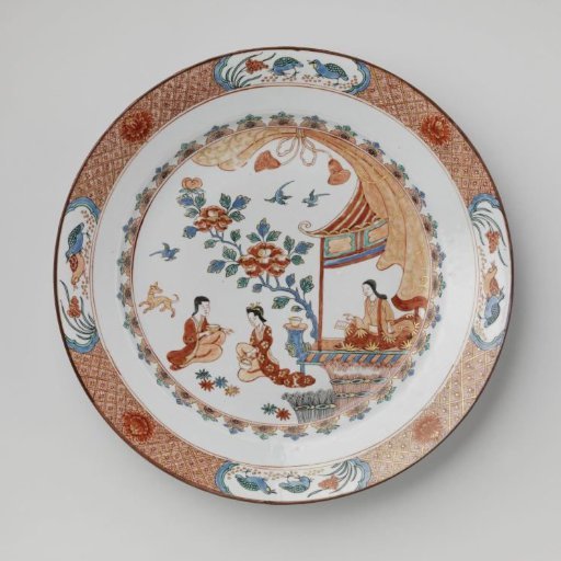 Dish with three women near a pavilion
