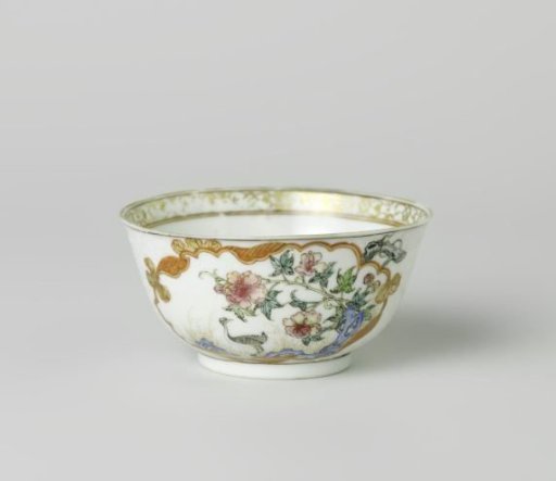 Bell-shaped cup with a crane near a peony plant and rock