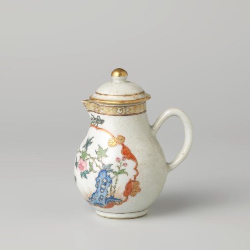 Pearshaped milkjug with a crane near a peony plant and rock