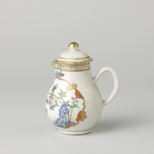 Pear-shaped milk jug with a crane near a peony plant and rock