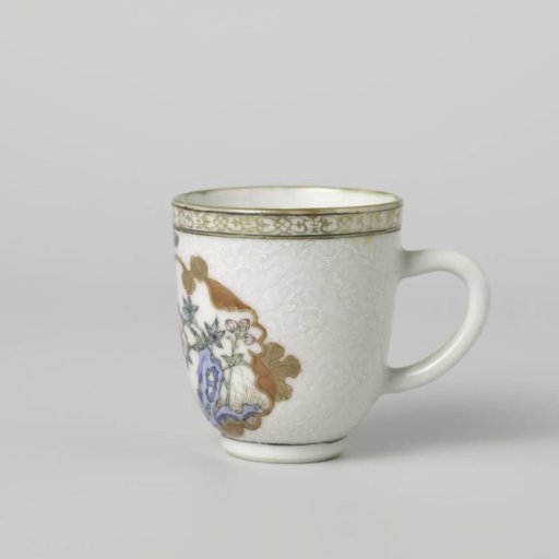 Cup with handle with a crane near a peony plant and rock