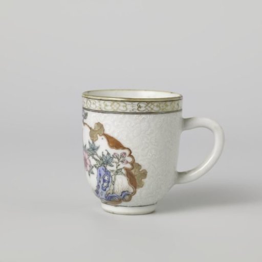 Cup with handle with a crane near a peony plant and rock