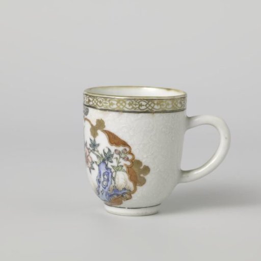 Cup with handle with a crane near a peony plant and rock