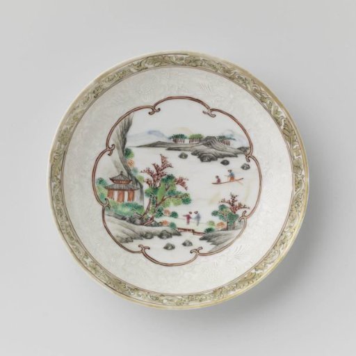 Saucer with a waterlandscape and flower scrolls