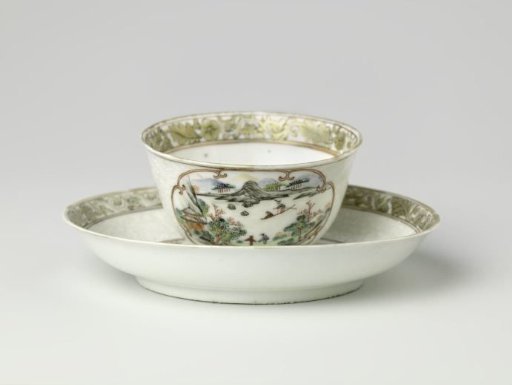 Bell-shaped cup and saucer with a water landscape and floral scrolls