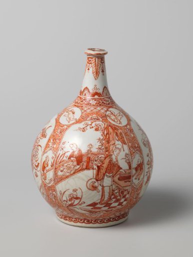 Bottle with women on a terrace, flower vases, putti and floral scrolls