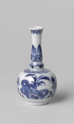 Miniature bottle vase with flowering plants and ornamental borders