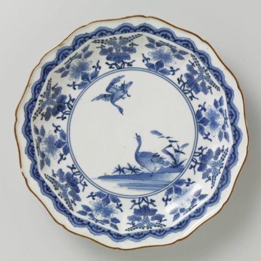 Twelve-sided plate with geese and flowering plants