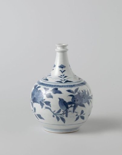 Apothecary bottle with birds, flower and fruitsprays and the letters C.B.