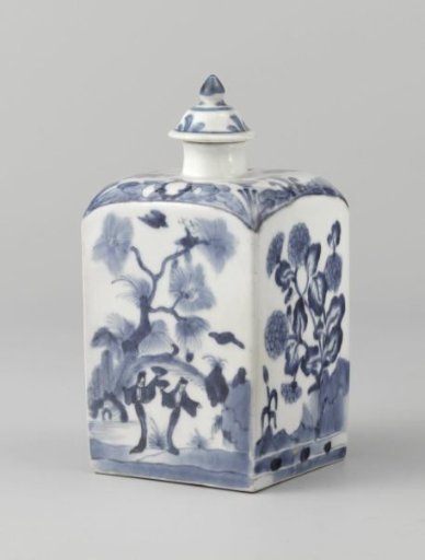 Square bottle with figures in a landscape, a flower vase and a flowering plant near a rock