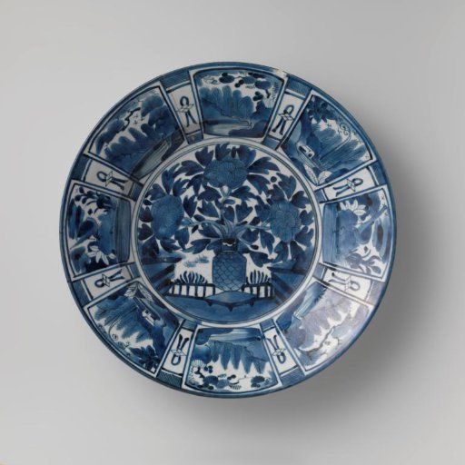 Dish with a flowervase near a fence and panel decoration with landscapes