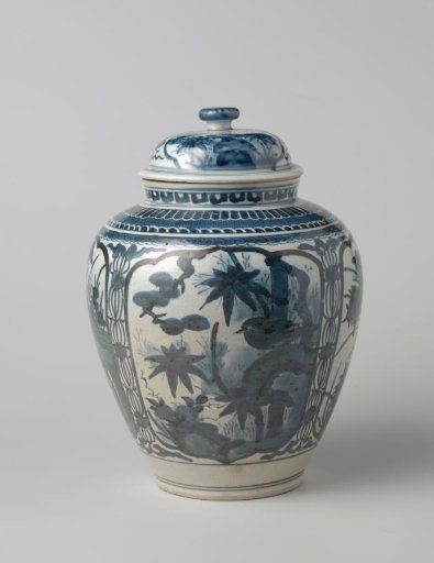 Ovoid covered jar with flowering plants in panels and ornamental borders