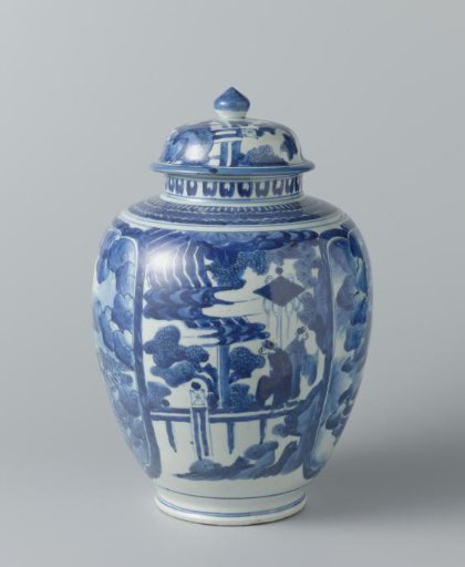Ovoid covered jar with figures in a landscape and panels with dragons