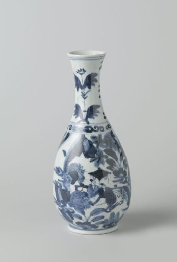 Bottle with figures in a landscape, floral scrolls and tulip motifs