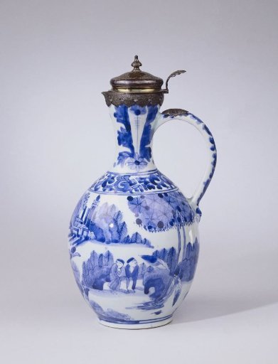 Ewer with figures in a landscape, floral scrolls, tulip motif and silver mount