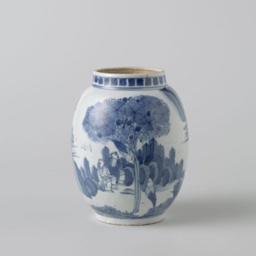 Ovoid jar with figures in a landscape with trees, houses and rocks