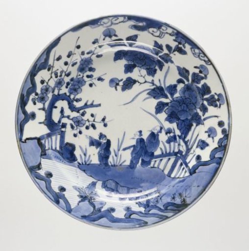 Dish with three figures in a water landscape with flowering plants