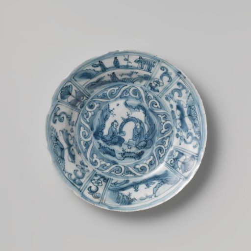 Plate with two Chinese figures in a landscape, floral scrolls and a panel decoration