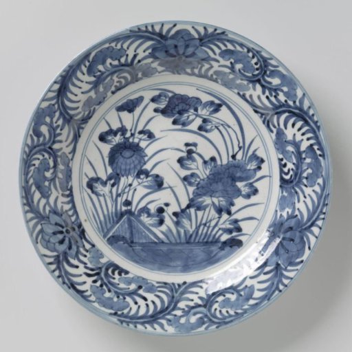 Dish with flowering plants and floral scrolls