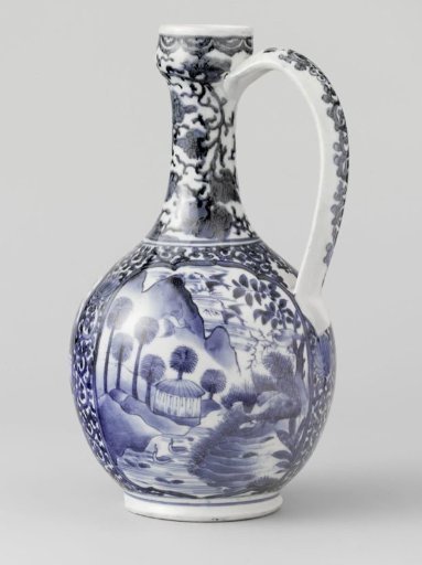 Ewer with landscapes in panels and floral scrolls