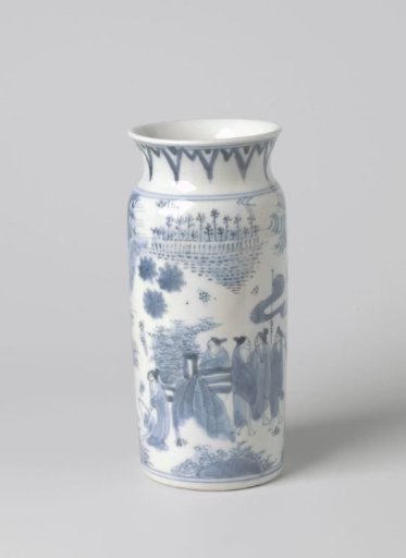 Cilindrical vase with a continuous image with figures in a landscape