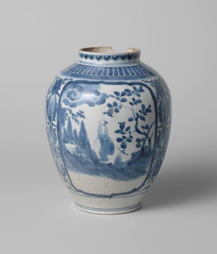 Ovoid jar with floral scrolls and panels with a figure in a landscape